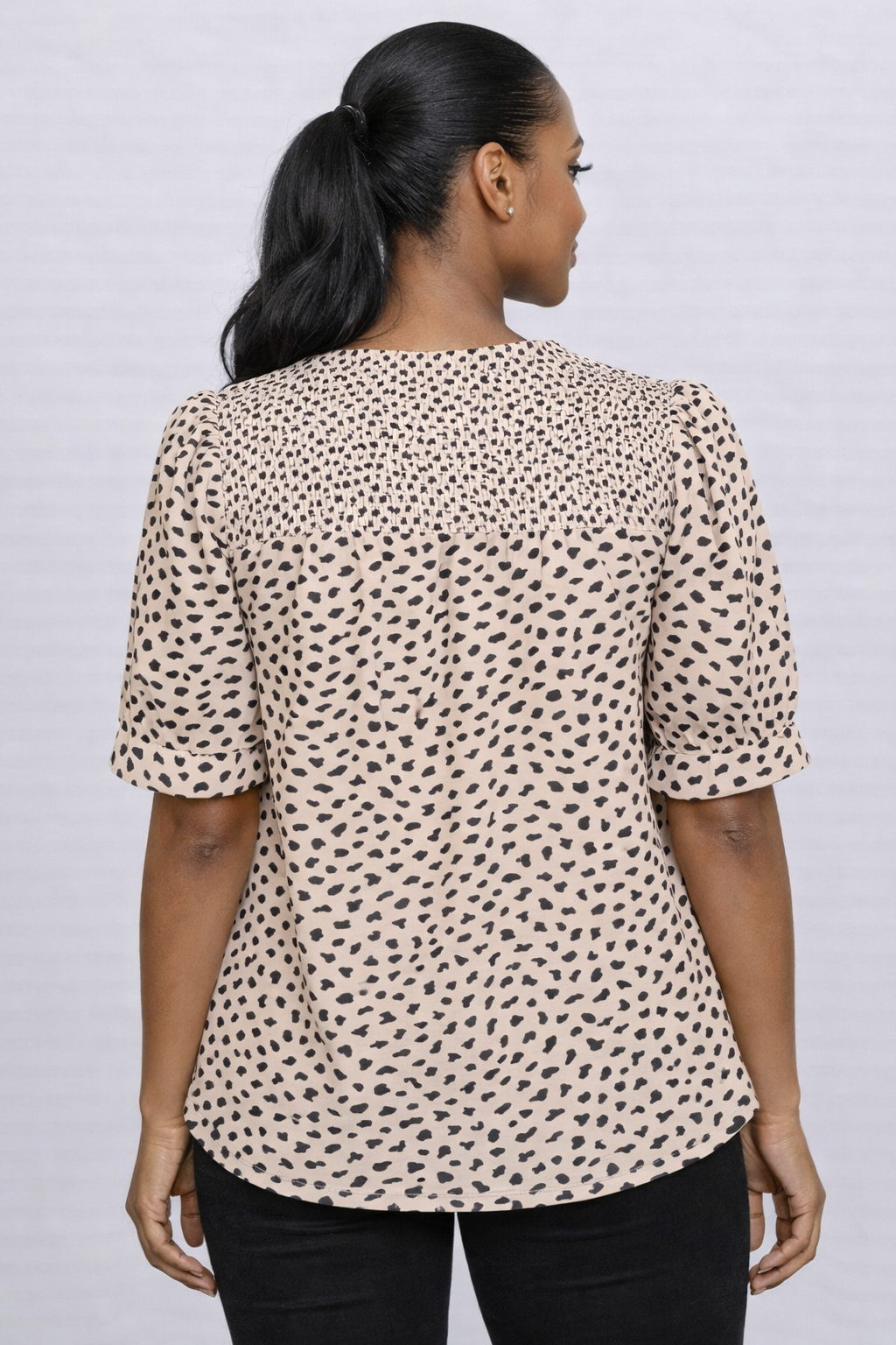 Soft Focus Smocked Leopard Blouse