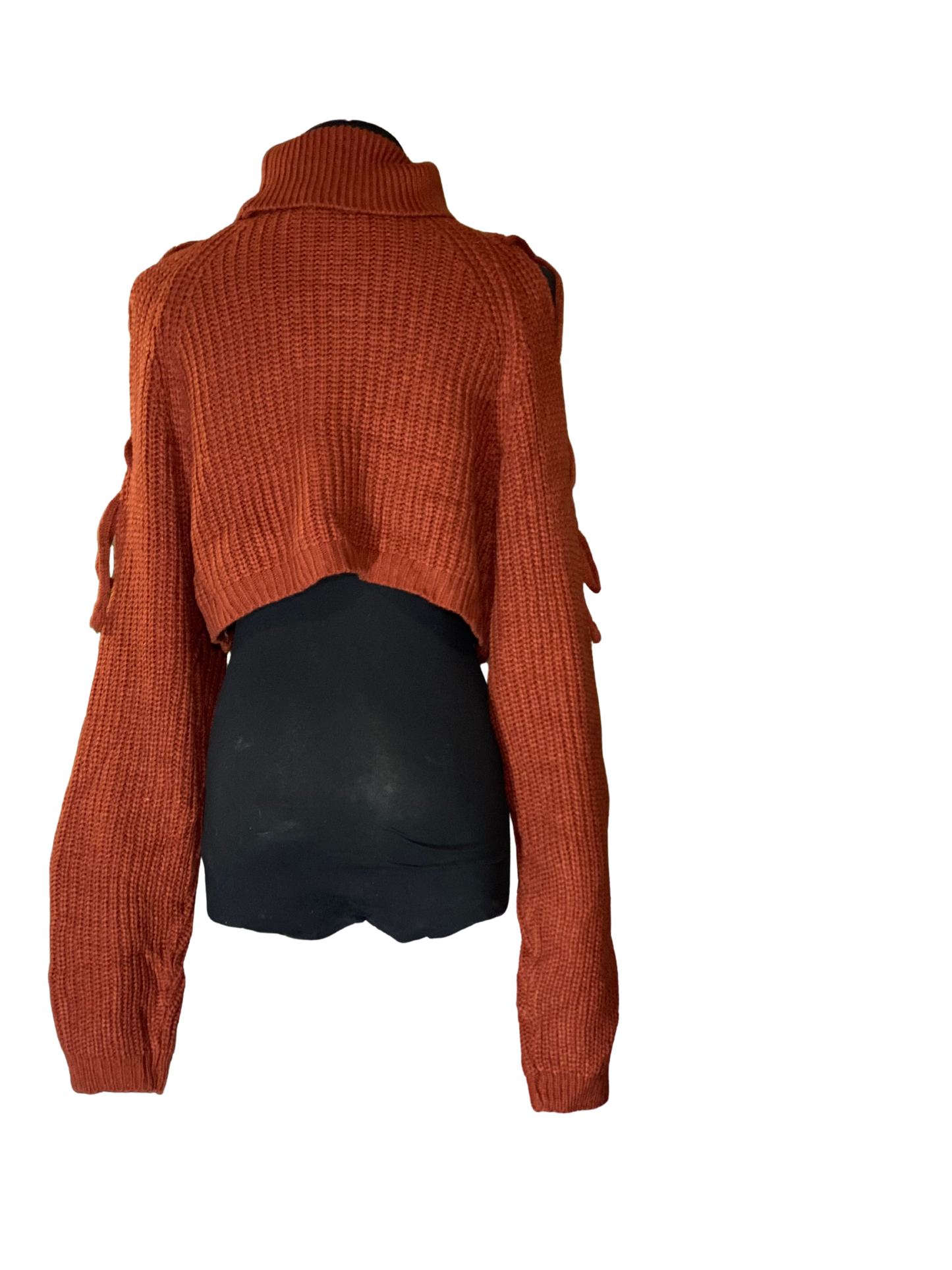 Rust Tie-Shoulder Cropped Turtleneck Sweater