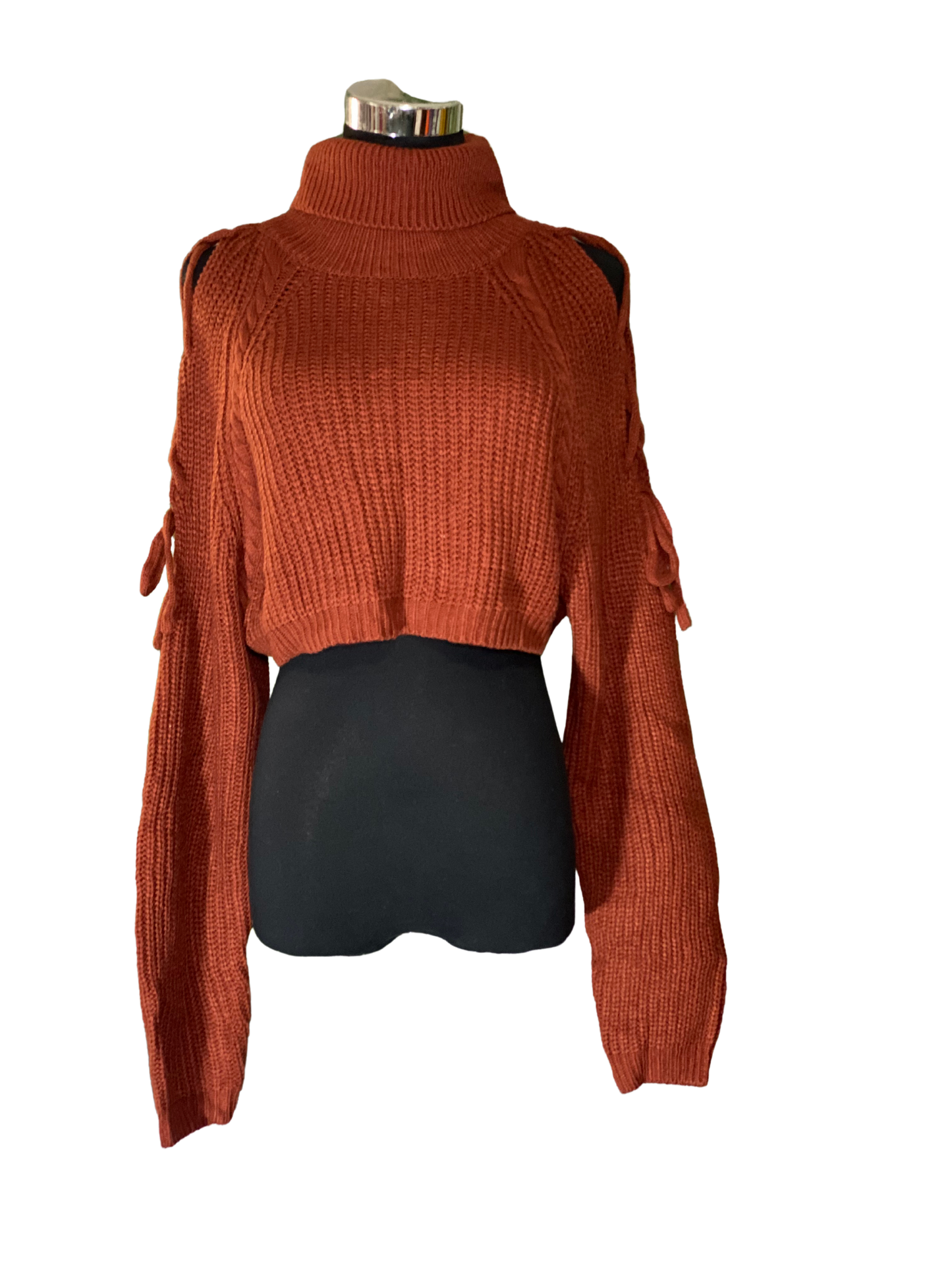 Rust Tie-Shoulder Cropped Turtleneck Sweater