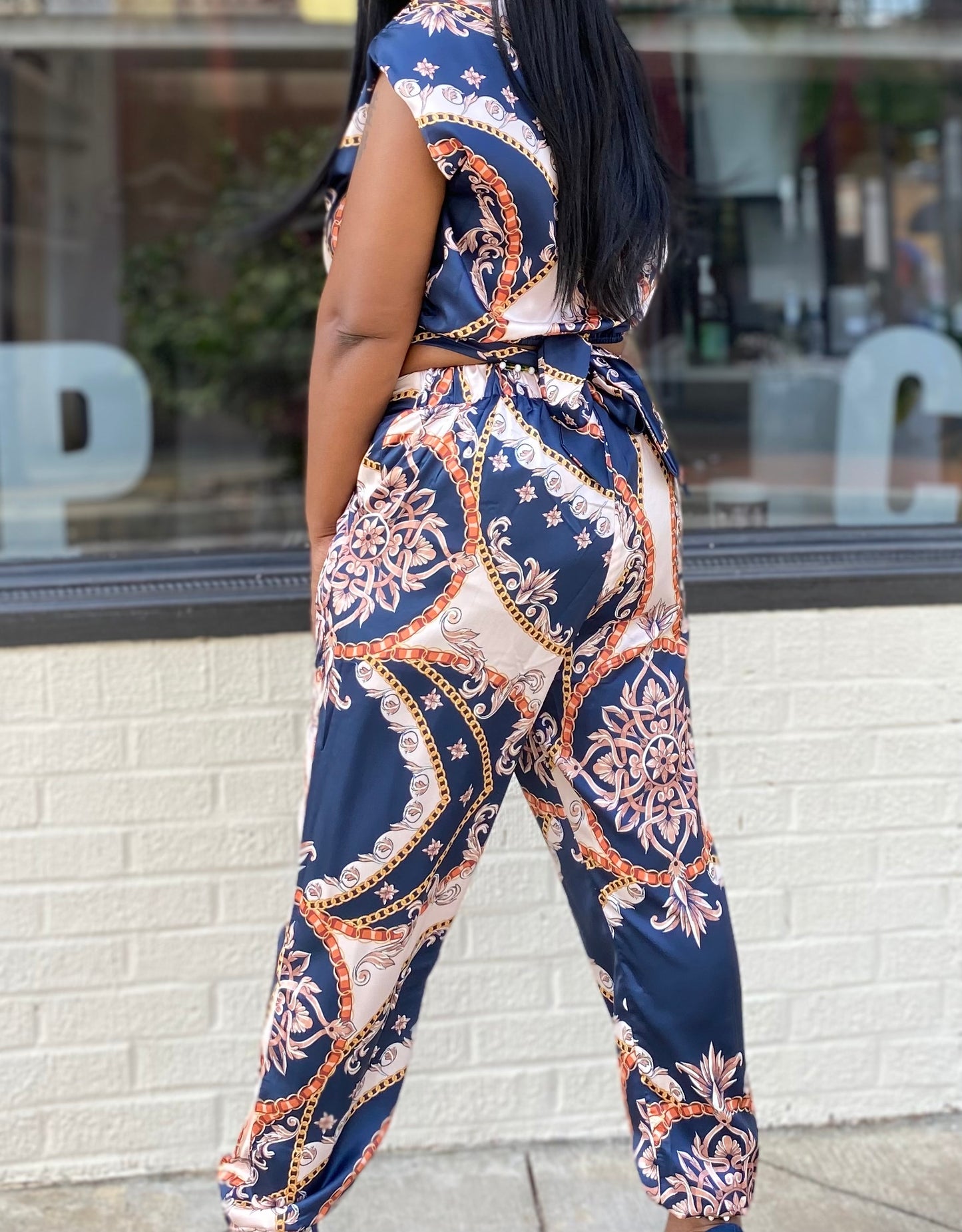 Navy Chain Print Sleeveless Pant Set