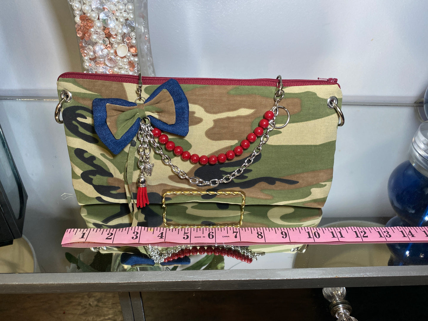 Camo Statement Clutch with Custom Chain & Bow Charm