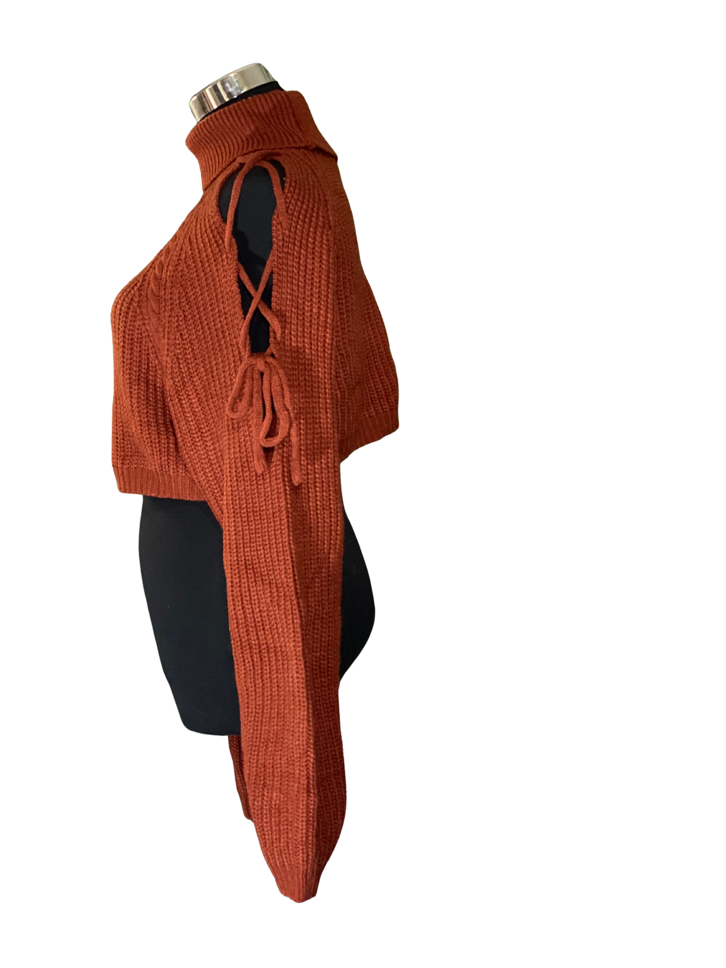 Rust Tie-Shoulder Cropped Turtleneck Sweater