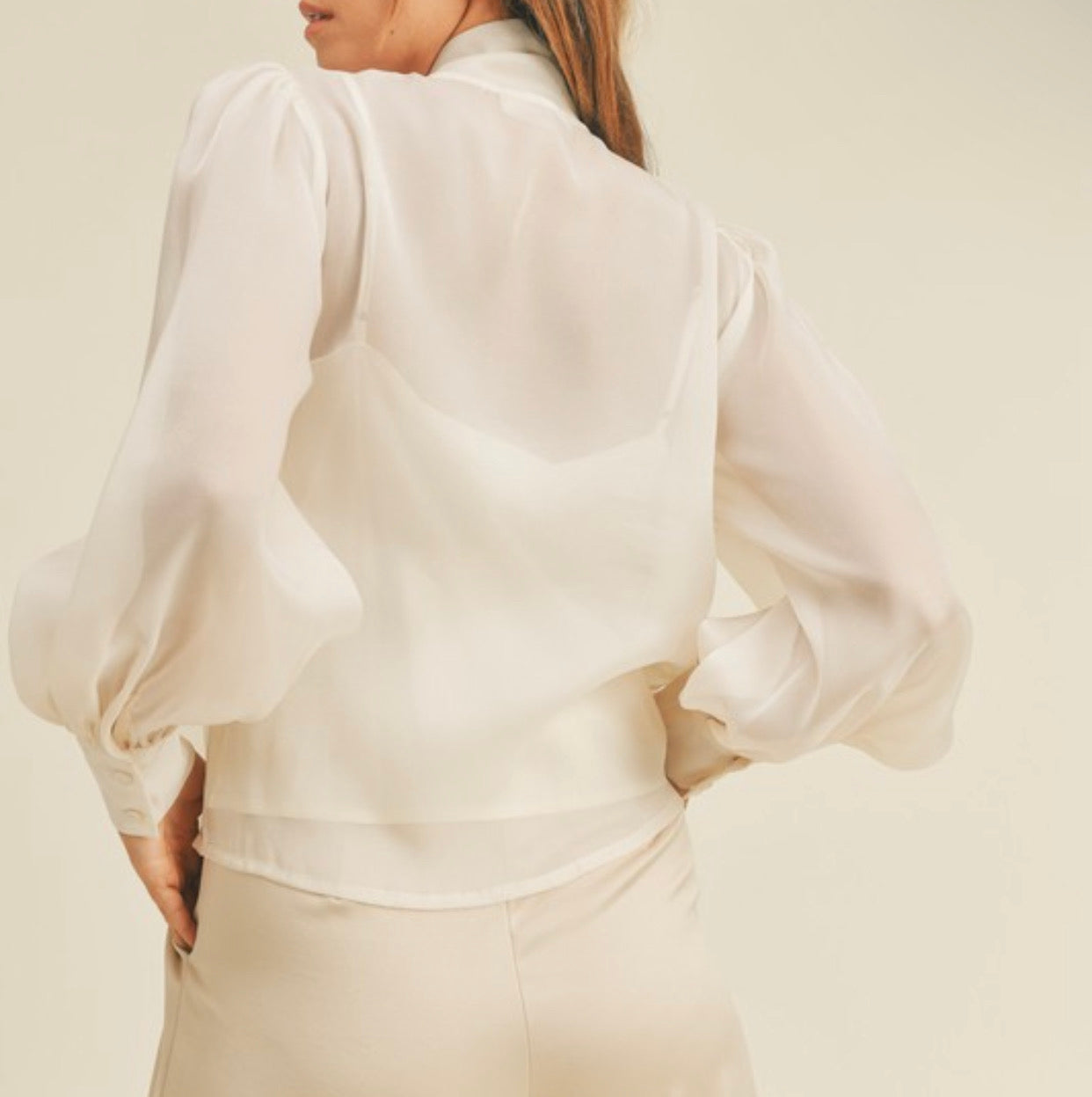 Ivory Sheer Tie-Neck Blouse with Matching Camisole