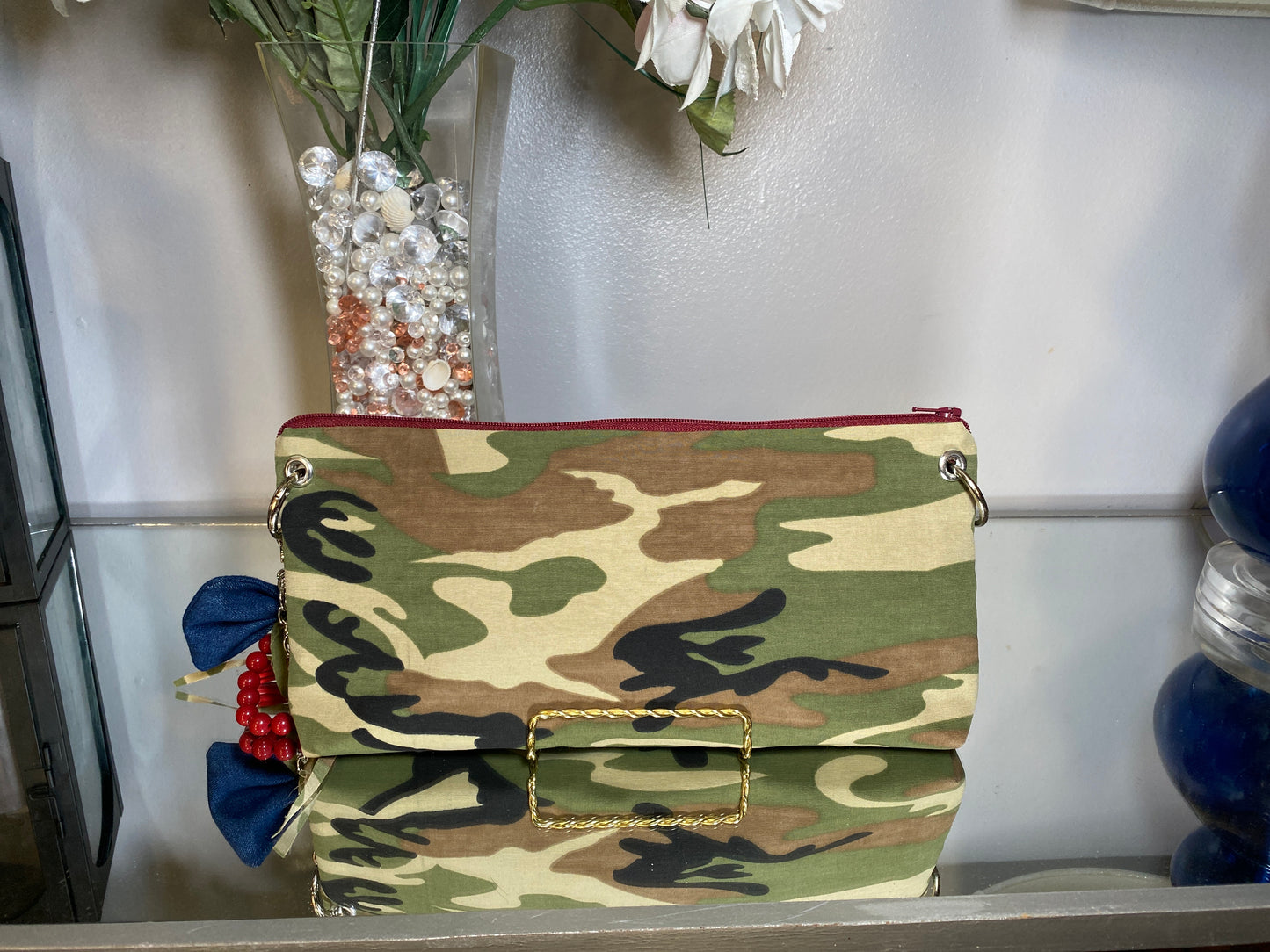 Camo Statement Clutch with Custom Chain & Bow Charm