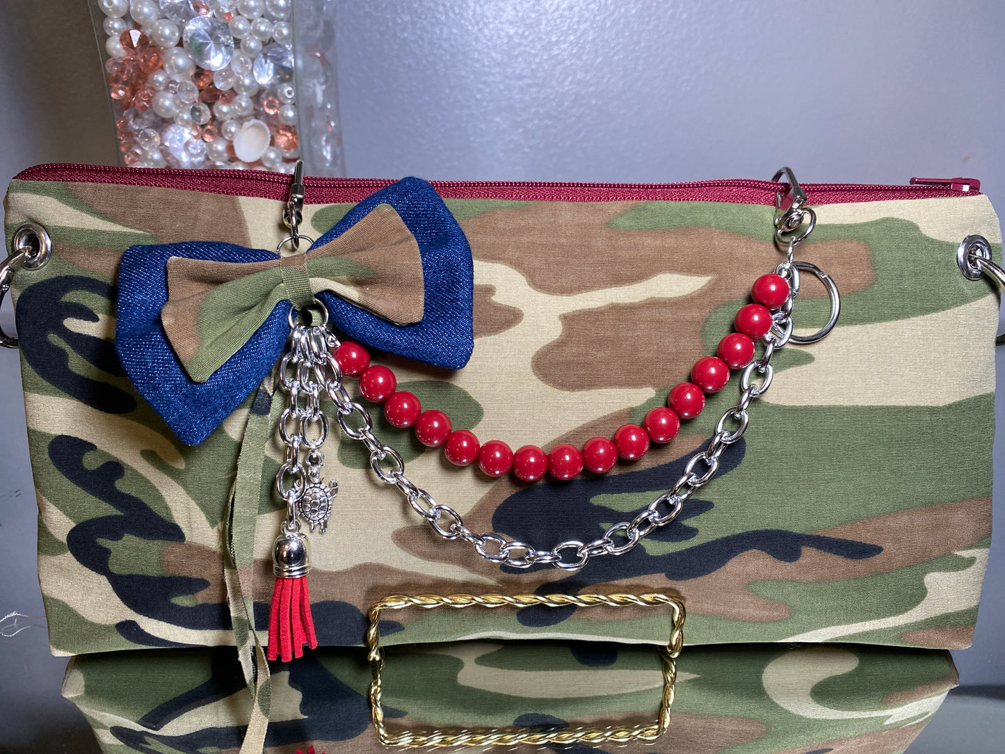 Camo Statement Clutch with Custom Chain & Bow Charm