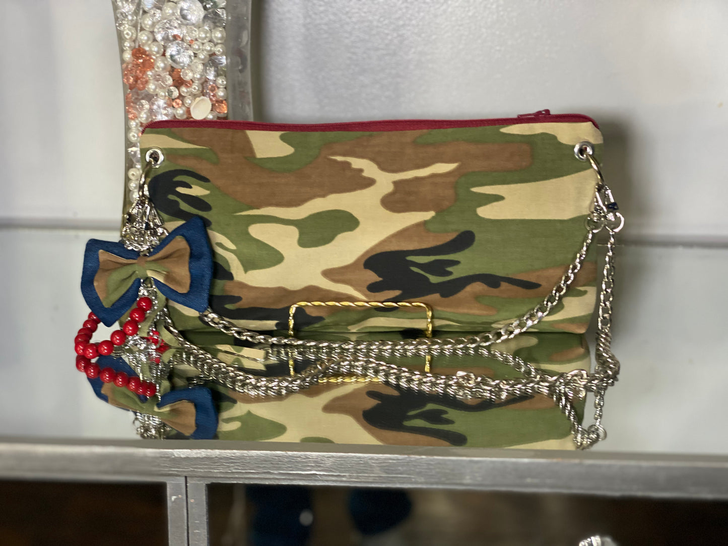 Camo Statement Clutch with Custom Chain & Bow Charm