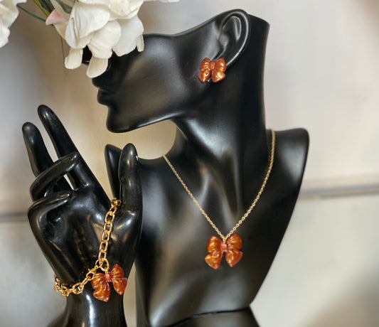 Amber Bow Jewelry Set – Necklace, Bracelet & Stud Earrings
