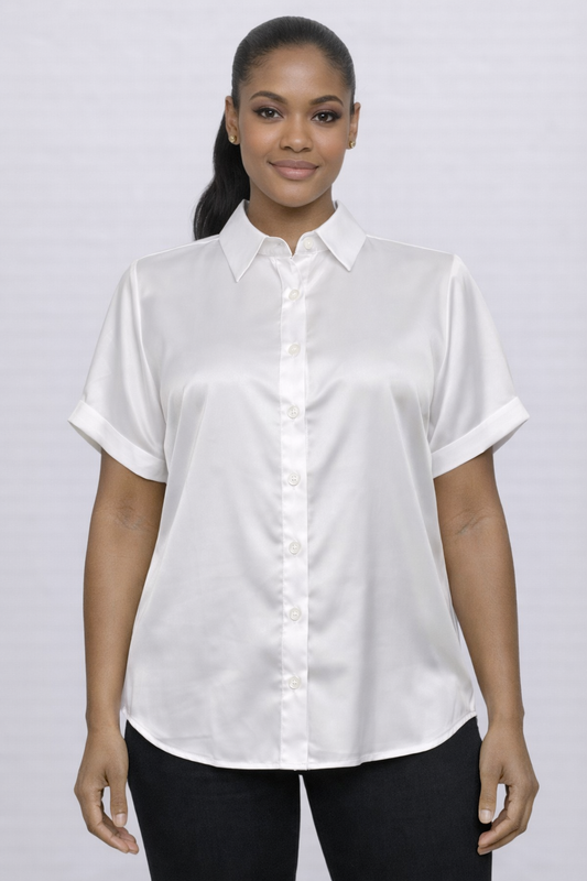 Polished Ease Short-Sleeve Satin Blouse
