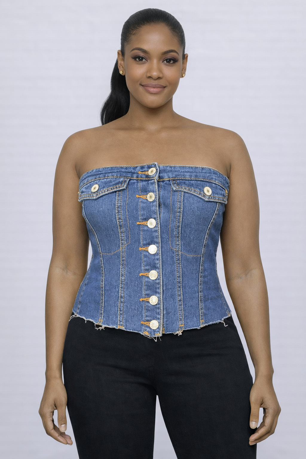 Button-Front Denim Corset Top