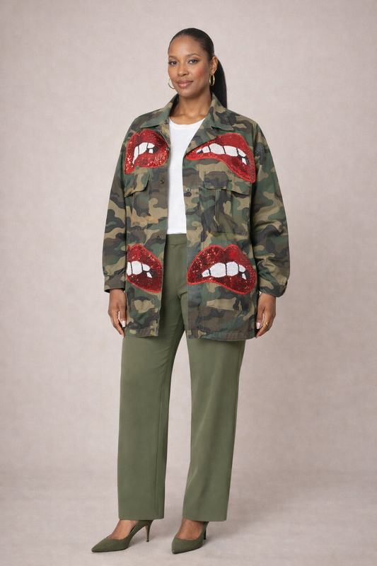 The Speak Volumes Camo Sequin Lip Jacket