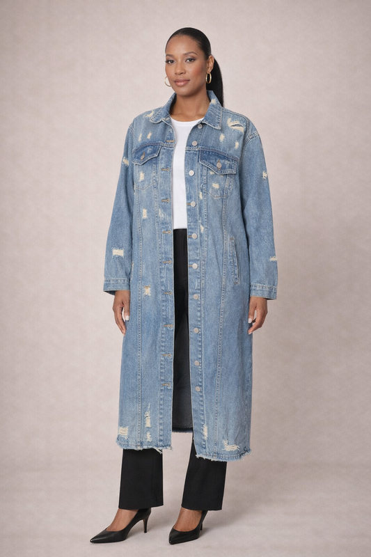 The Timeless Edge Distressed Denim Trench Jacket