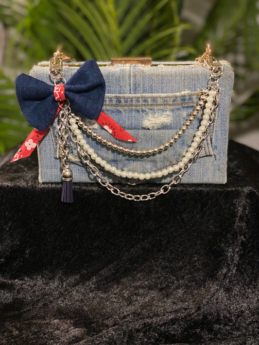 Denim Pearl Bow Luxe Charm