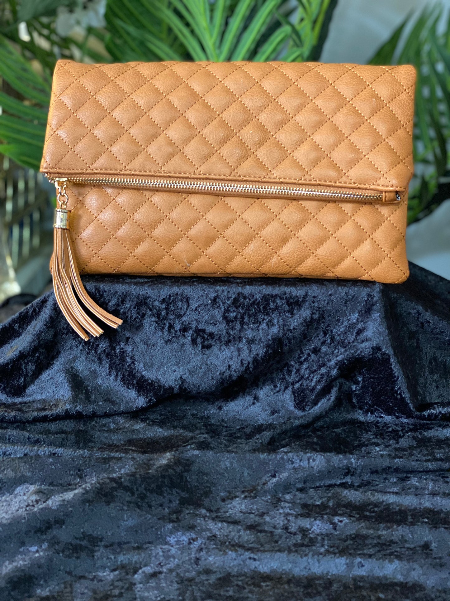Quilted Tassel Clutch – Tan